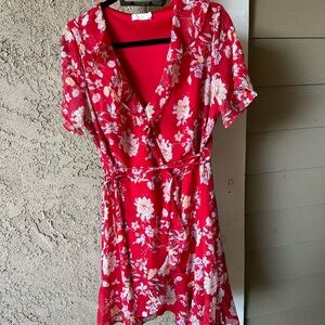Lush Chiffon Floral Wrap Dress in Red XL